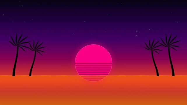 A vibrant sunset with a large pink sun, silhouetted palm trees, and a gradient sky transitioning colors