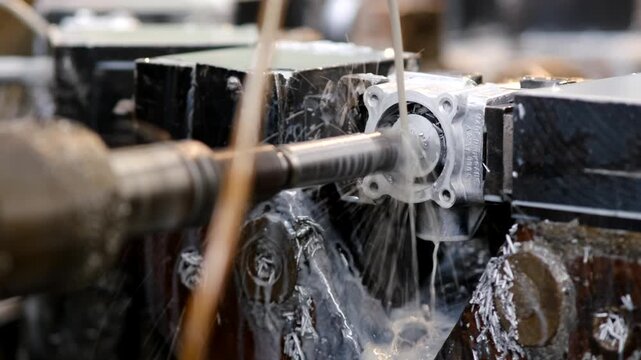 Close up of a metal component with 'Made in Ukraine' text being processed on an industrial machine with cooling fluid.