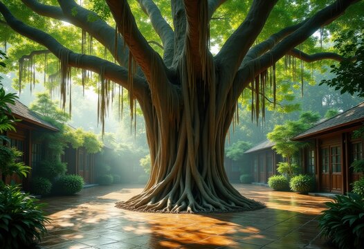 Magnificent Banyan Tree Aerial Roots Enveloping Courtyard Serenity Organic Splendor