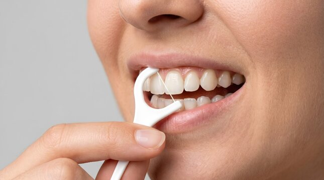 Extreme macro detail of daily dental hygiene as a woman uses a white floss pick to clean healthy white teeth in soft studio light