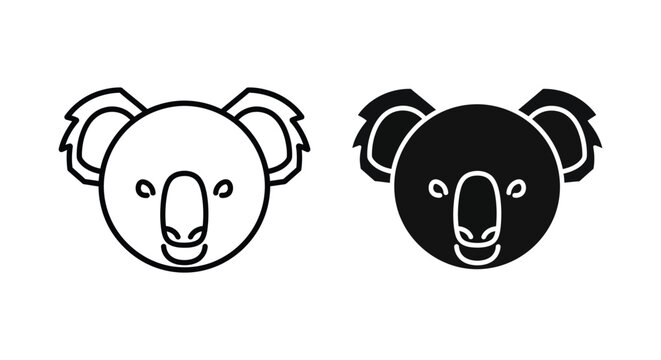 Minimalist koala head vector icons in outline and solid black styles for Australian wildlife conservation branding and zoo logo design