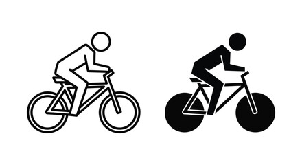 Obraz premium Minimalist bicycle rider icons in outline and solid silhouette styles for sports, fitness, and urban transportation design.