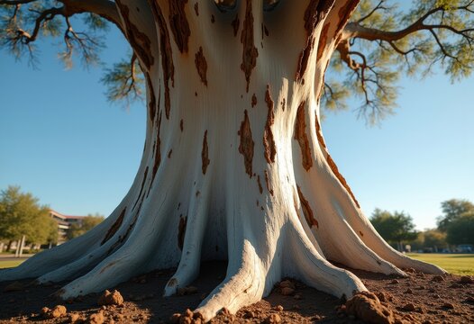 Peeling Mottled Bark Sycamore Park Tree with Barren Ground and Abundant Sunlight Together