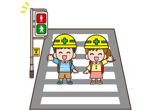 横断歩道を渡るヘルメットをした子供のイラスト素材3