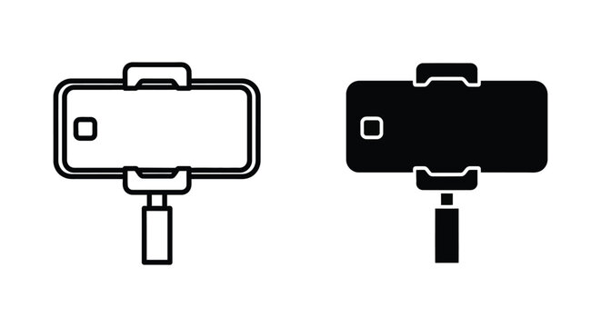 Minimalist smartphone on selfie stick icons in outline and solid silhouette styles for mobile photography and vlogging concepts