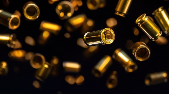 parabolic. Golden bullet casings ejected in a parabolic arc against a dark background. product launch decks, UI/UX mockups, designed for product launches and innovation pitches.