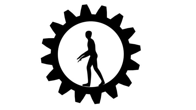 Silhouette walks inside giant gear