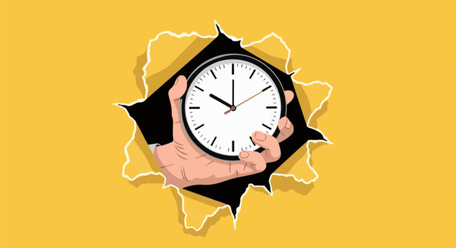 Hand holding analog clock emerging through torn yellow paper