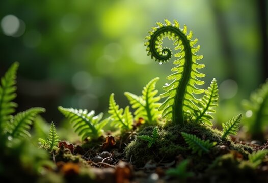 Unfurling Fern Fronds on the Lush Forest Floor in Subdued Lighting Depths of the Woodland