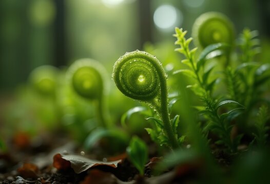 Unfurling Fern Fronds on the Lush Forest Floor in Subdued Lighting Depths of the Woodland