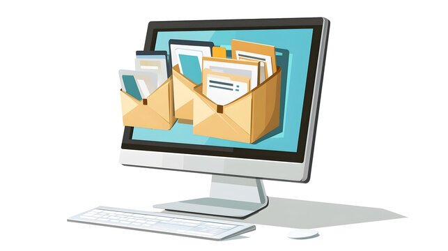 stylized 3D illustration featuring a modern desktop computer with large folders and documents popping out of the screen