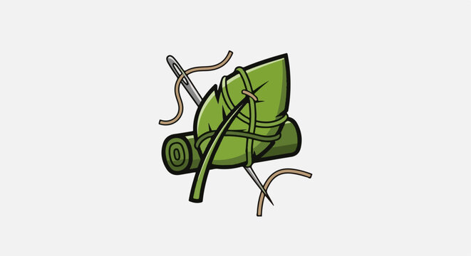 Green leaf and rolled mat secured with needle and thread