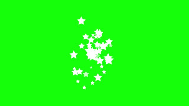 Bright white stars burst against vibrant green screen