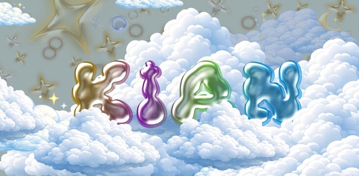 Kian name. Colorful 3D Cloud Fantasy Background with Glossy Balloon Letters. Dreamy Sky, Stars and Soft Clouds Illustration.