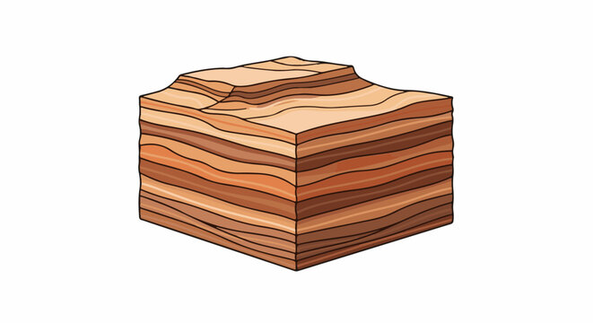 Illustration of a geological cross-section cube showing distinct rock strata