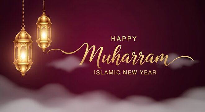 Islamic new year elegant muharram greeting with golden lanterns and calligraphy
