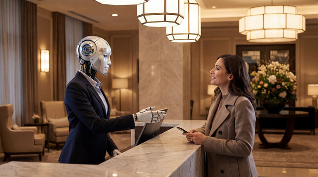 Humanoid receptionist robot assisting hotel guest with smartphone at modern front desk