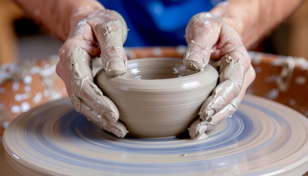 Artisan hands molding wet clay on a wheel