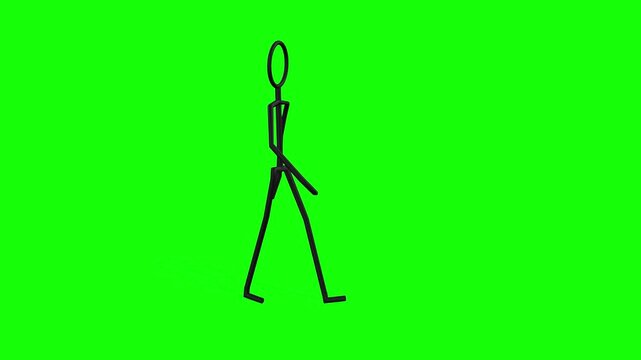Simple stick figure walks against a vibrant green screen