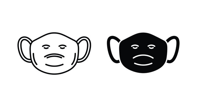 Playful monkey face protective mask icons in outline and solid black styles for creative health and safety branding
