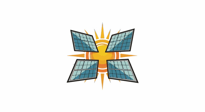 Four angled solar panels radiate around a bright, stylized sun in this clean graphic