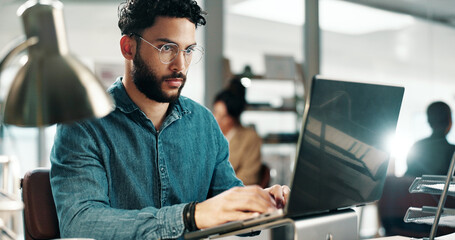 Fototapeta premium Reading, typing or man with laptop in office, feedback notes or app development guidelines for program. Review, pc or developer with plan for ai system integration, feature request email or update