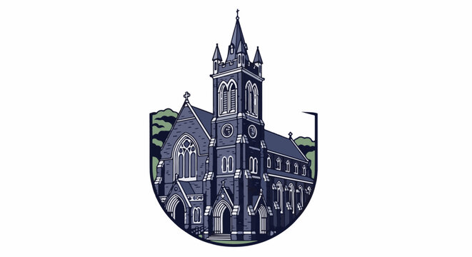 Gothic church with tall spire, intricate windows, and arched entrances, set against green hills