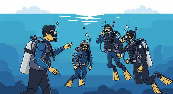 Four divers explore the blue ocean depths, with bubbles rising towards the surface