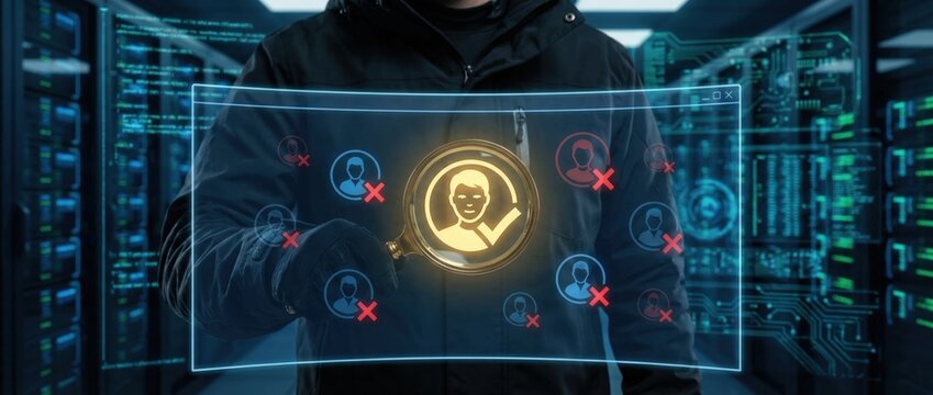 Cybersecurity breach detection data center digital interface high-tech environment close-up view identity protection strategy