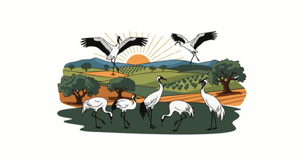Obraz premium Graceful cranes grace a sun-drenched, rolling landscape with lush trees