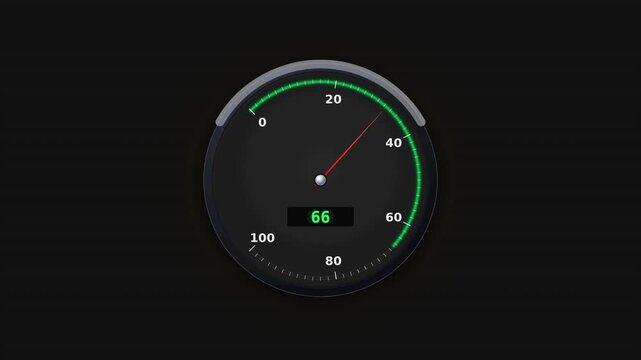 A digital speedometer displays with a dark background and green accents