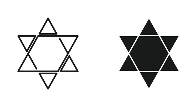 Set of two minimalist Star of David icons in outline and solid black styles, perfect for Jewish religious holidays, Hanukkah celebrations, and cultural identity graphic design.