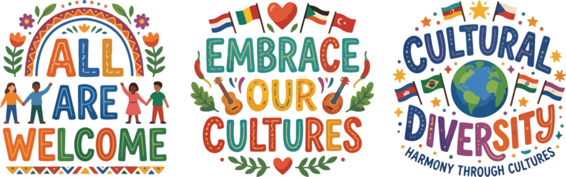 Set of Cultural Diversity Typography Posters with World Flags, Global Inclusion and Unity Concept Illustrations for Harmony Day and World Culture Day
