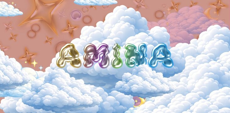Amina name. Colorful 3D Cloud Fantasy Background with Glossy Balloon Letters. Dreamy Sky, Stars and Soft Clouds Illustration.