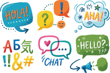 Colorful Speech Bubbles and Communication Icons Set for Multilingual Expression and Global Language Day © thea_sketch
