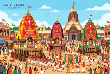 Obraz premium Colorful Rath Yatra festival illustration with temple chariots and crowd in traditional Indian celebration scene for cultural design use