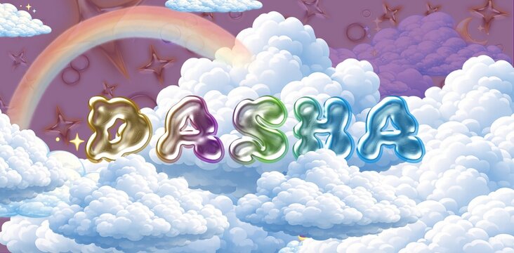 Dasha name. Colorful 3D Cloud Fantasy Background with Glossy Balloon Letters. Dreamy Sky, Stars and Soft Clouds Illustration.