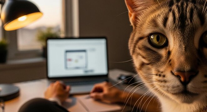 Close-up of a curious cat looking at the camera with a person working on a laptop in the background of a cozy home office.