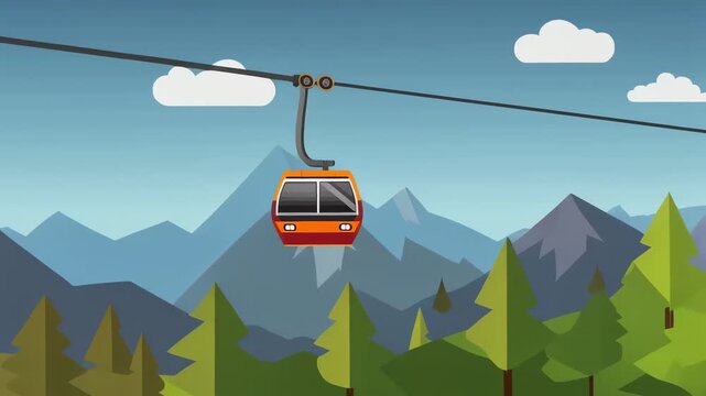 2D Animation of a Cable Car Moving Over Mountain Landscape