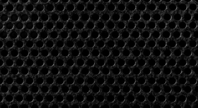 Ultra dark perforated metal texture background, black industrial steel surface with repeating circular hole grid, grunge mechanical pattern -Serie IMC00