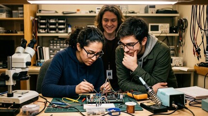 Fototapeta premium Three engineers collaborate on electronics project in well-lit workshop lab