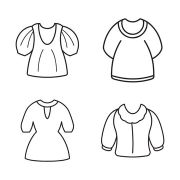 Four different types of womens tops with various sleeve styles and necklines  blouses and shirts in simple line art style for fashion design or icon use