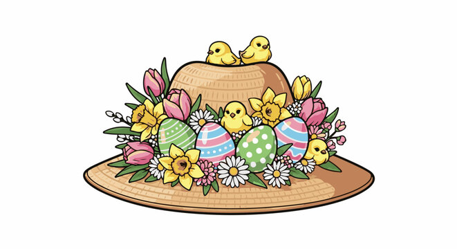 Festive straw hat adorned with spring chicks, colorful Easter eggs, and vibrant floral arrangements
