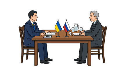 Fototapeta premium Two men in suits at table with Ukraine and Russia flags: diplomatic peace talks illustration