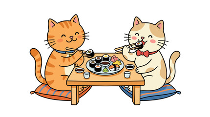 Obraz premium Two cute cats eating sushi rolls with chopsticks: professional flat vector illustration, naive doodle style