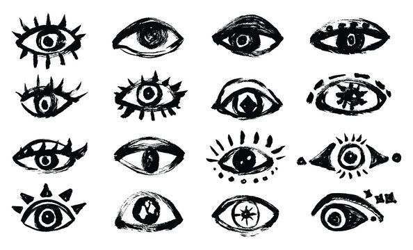 Grunge brush stroke drawn eyes collection. Vector doodle bizzare funky eyes set. Third eye mystical concept. Chalk and markers hand drawn on paper