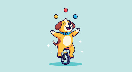 Cute Cartoon Dog Juggling Balls While Riding A Unicycle. © NFS Studio
