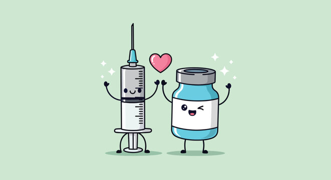 Cute cartoon vaccine syringe and medicine vial characters in love.