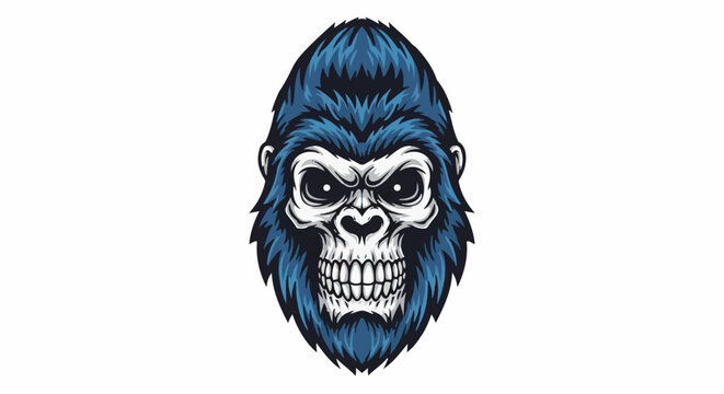 Fierce blue gorilla skull with sharp teeth and intense eyes, pixel art style