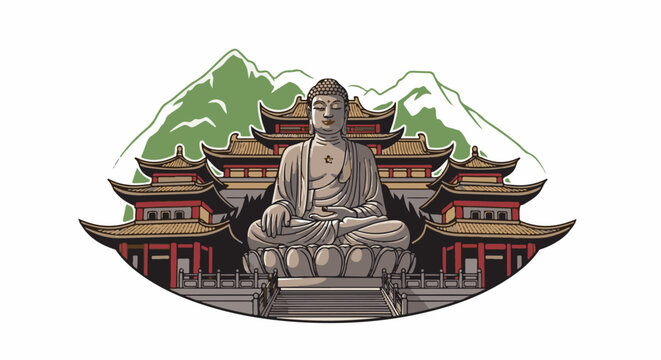 Enormous stone Buddha statue sits serenely before ornate pagodas and mist-shrouded mountains